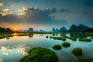 a Sol conjuntos sobre uma lago e montanhas dentro China. gerado por IA foto