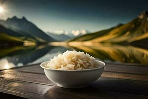 uma tigela do arroz em uma mesa dentro frente do montanhas. gerado por IA foto