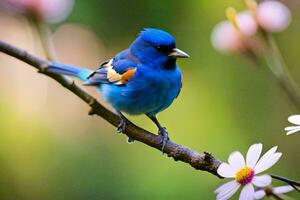 uma azul pássaro senta em uma ramo com flores gerado por IA foto