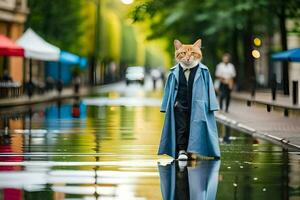 uma gato dentro uma azul casaco em pé dentro uma poça. gerado por IA foto