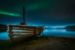 uma barco senta em a costa debaixo a aurora luzes. gerado por IA foto