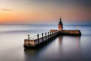 uma grandes exposição fotografia do uma farol às pôr do sol. gerado por IA foto