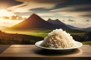 uma prato do arroz em uma mesa dentro frente do uma montanha. gerado por IA foto
