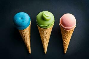 três gelo creme cones com diferente cores dentro eles. gerado por IA foto