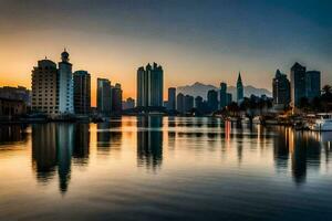 a cidade Horizonte é refletido dentro a água às pôr do sol. gerado por IA foto