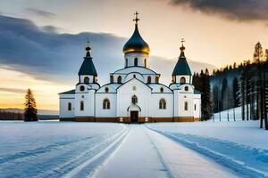uma Igreja dentro a neve com dois cúpulas. gerado por IA foto