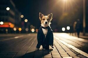 uma cachorro dentro uma terno e gravata em a rua às noite. gerado por IA foto