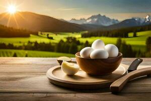 ovos dentro uma tigela em uma mesa com uma faca e uma montanha dentro a fundo. gerado por IA foto