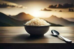arroz dentro uma tigela em uma mesa com uma colher. gerado por IA foto