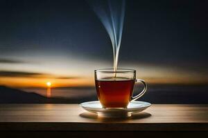 uma copo do chá em uma mesa com uma pôr do sol dentro a fundo. gerado por IA foto