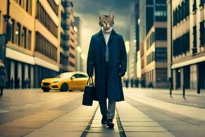 uma gato dentro uma terno caminhando baixa uma cidade rua. gerado por IA foto