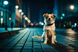 uma cachorro sentado em a rua às noite. gerado por IA foto