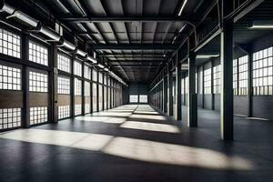 a esvaziar industrial armazém com ampla janelas. gerado por IA foto
