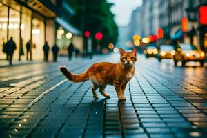 a laranja gato caminhando através uma cidade rua às noite. gerado por IA foto