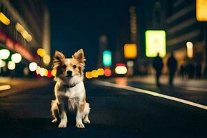 uma cachorro sentado em a rua às noite. gerado por IA foto