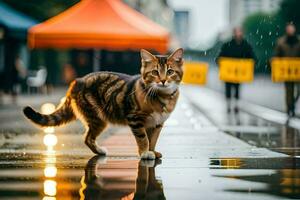 uma gato caminhando em uma molhado rua dentro a chuva. gerado por IA foto