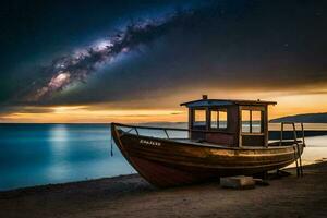 uma barco em a de praia às noite com a leitoso. gerado por IA foto