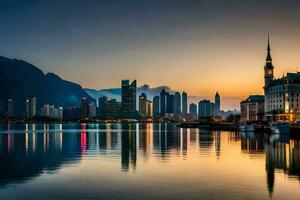 a cidade Horizonte às pôr do sol dentro kuwait. gerado por IA foto