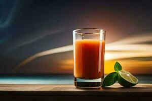 uma vidro do laranja suco com uma Lima em a mesa. gerado por IA foto