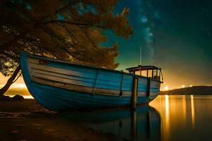 uma barco senta em a costa às noite. gerado por IA foto