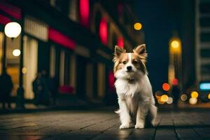 uma cachorro em pé em a rua às noite. gerado por IA foto