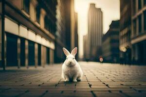 uma branco Coelho é em pé dentro a meio do uma cidade rua. gerado por IA foto