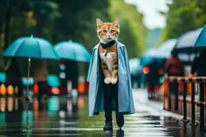 uma gato dentro uma trincheira casaco e gravata em pé em uma molhado rua. gerado por IA foto