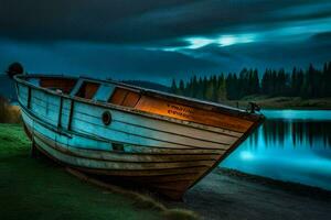 uma barco senta em a costa do uma lago às noite. gerado por IA foto