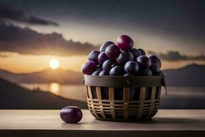 uvas dentro uma cesta em uma mesa com uma pôr do sol dentro a fundo. gerado por IA foto