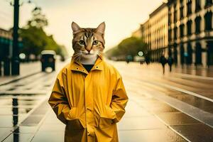 uma gato vestindo uma amarelo capa de chuva em uma cidade rua. gerado por IA foto