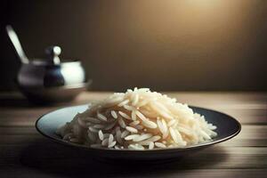 uma tigela do arroz senta em uma mesa Próximo para uma prata colher. gerado por IA foto