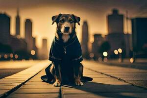 uma cachorro sentado em a rua dentro frente do uma cidade. gerado por IA foto