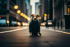 uma cachorro dentro uma terno sentado em a rua. gerado por IA foto