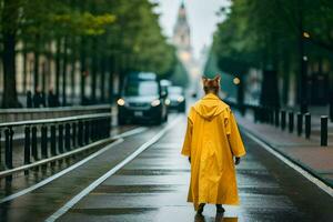 uma pessoa dentro uma amarelo capa de chuva caminhando baixa uma rua. gerado por IA foto