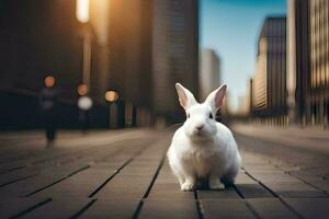 uma branco Coelho é sentado em uma tijolo passarela. gerado por IA foto