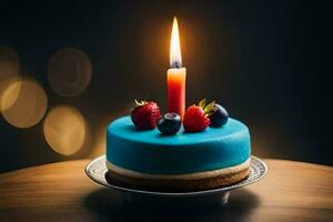 azul aniversário bolo com uma solteiro vela. gerado por IA foto