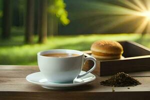 uma copo do chá e uma sanduíche em uma de madeira mesa. gerado por IA foto