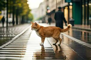 a laranja gato caminhando em uma molhado rua. gerado por IA foto