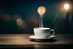 uma copo do café em uma mesa com uma borrado fundo. gerado por IA foto