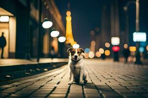 uma cachorro sentado em a rua às noite. gerado por IA foto