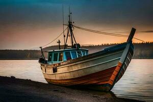 uma barco senta em a costa às pôr do sol. gerado por IA foto