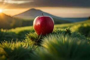 uma vermelho maçã é sentado em topo do uma gramíneo colina. gerado por IA foto