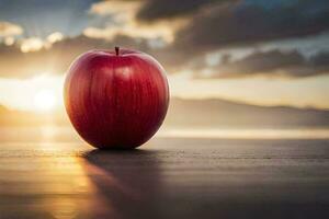 a maçã senta em uma mesa dentro frente do a Sol. gerado por IA foto