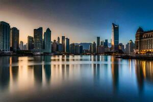 a cidade Horizonte às pôr do sol dentro dubai. gerado por IA foto