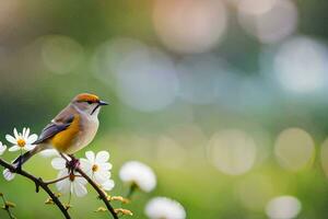 uma pássaro senta em uma ramo com branco flores gerado por IA foto