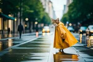 uma gato dentro uma amarelo capa de chuva caminhando baixa uma rua. gerado por IA foto