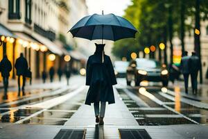 uma pessoa caminhando baixa uma rua com a guarda-chuva. gerado por IA foto