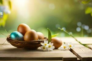 Páscoa ovos dentro uma cesta em uma de madeira mesa. gerado por IA foto