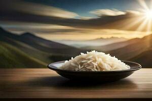 arroz dentro uma tigela em uma mesa com montanhas dentro a fundo. gerado por IA foto