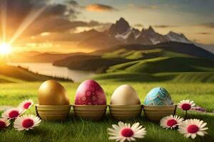 Páscoa ovos dentro cestas em Relva com montanhas dentro a fundo. gerado por IA foto